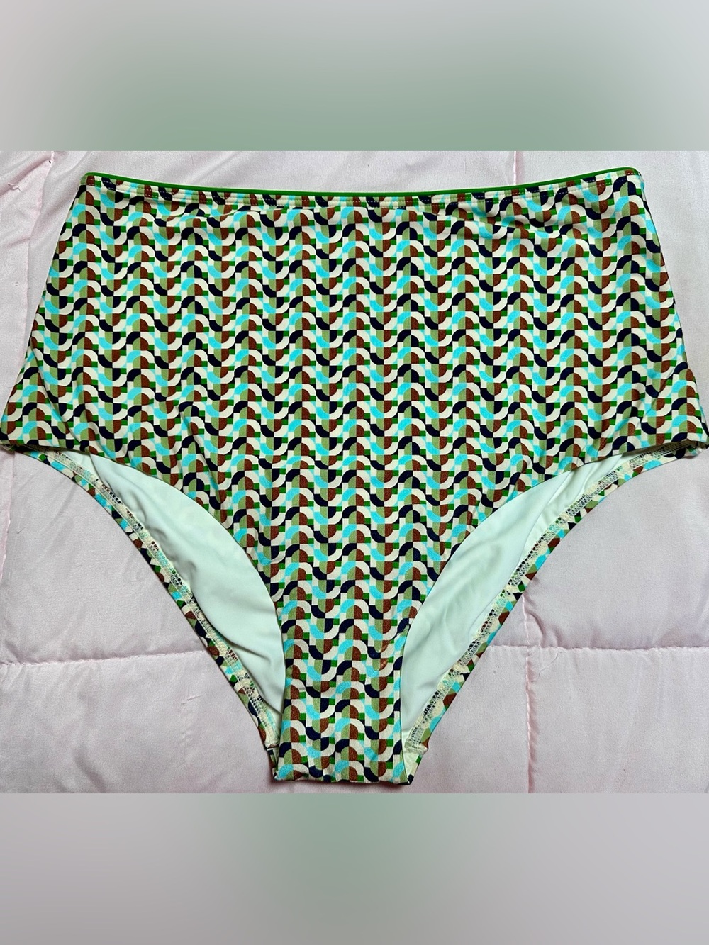High-Waist Bikini Bottoms in Mint Multi-Geo Print
